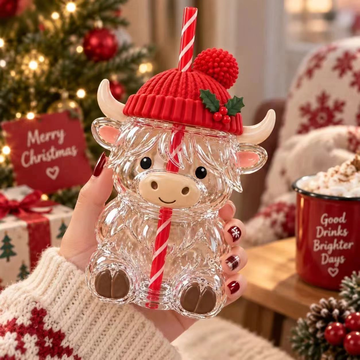 ❤️TYIIPLUS™ Highland Cow Christmas Glass Cup with Straw – Cute Holiday Tumbler Gift