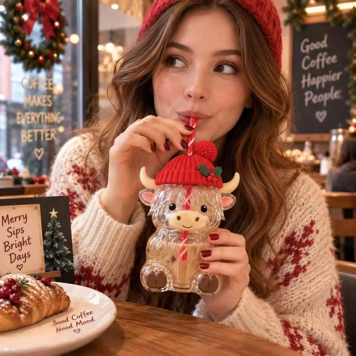❤️TYIIPLUS™ Highland Cow Christmas Glass Cup with Straw – Cute Holiday Tumbler Gift