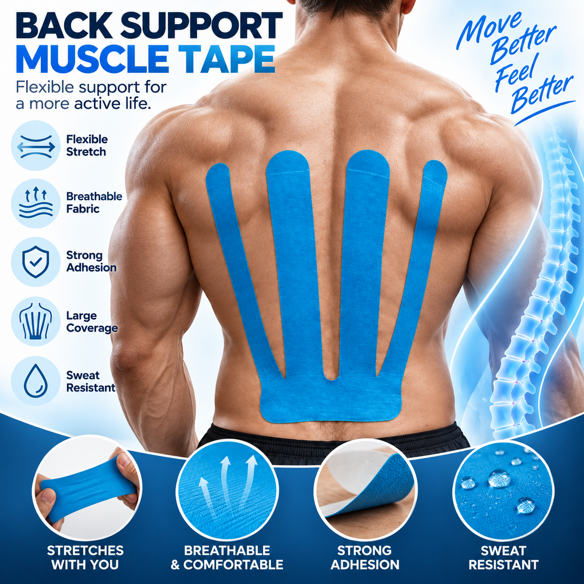 🔥  Lower Back Kinesiology Support Tape – Water-Resistant Athletic Tape
