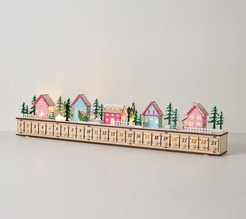 Premium Wooden Village Advent Calendar with LED Glowing Lights, 24 Storage Drawers Reusable Christmas Countdown Decor, Festive Wooden Town House Holiday Gift for Home & Kids