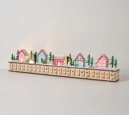 Premium Wooden Village Advent Calendar with LED Glowing Lights, 24 Storage Drawers Reusable Christmas Countdown Decor, Festive Wooden Town House Holiday Gift for Home & Kids