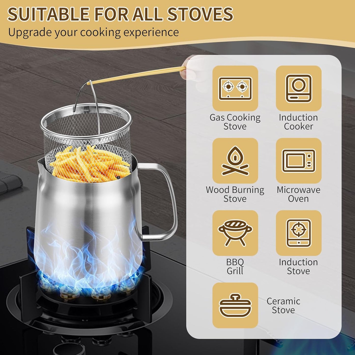 68oz 201Stainless Steel Deep Fryer Pot with Basket & Strainer