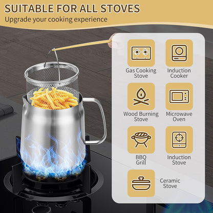 68oz 201Stainless Steel Deep Fryer Pot with Basket & Strainer