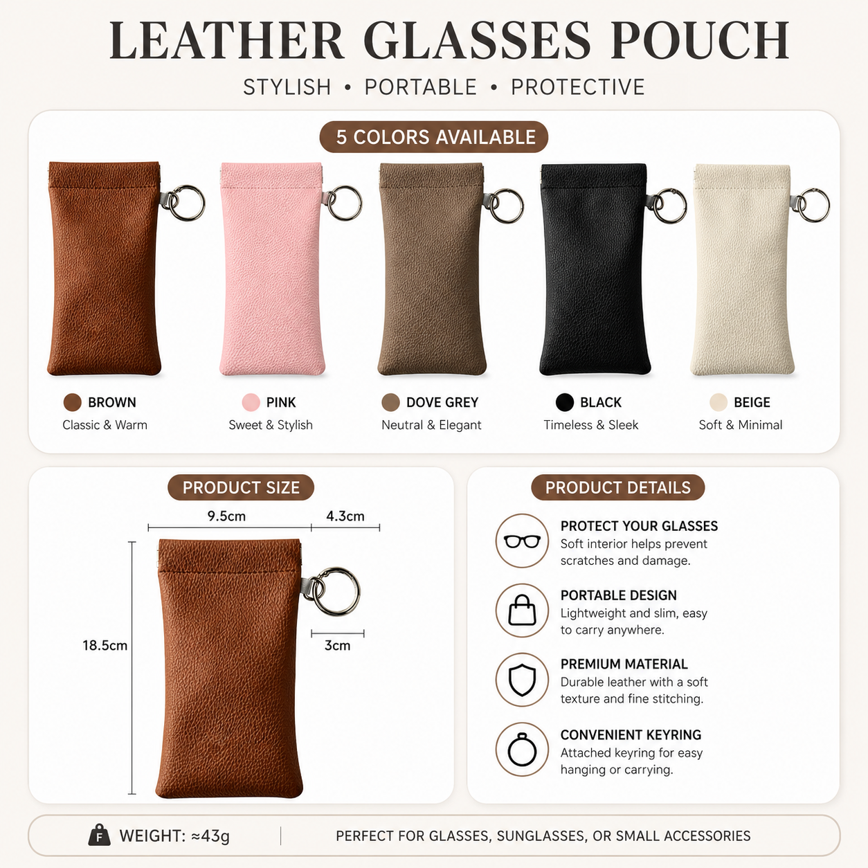 Soft PU Leather Sunglasses Pouch Elastic Opening Eyeglasses Bag