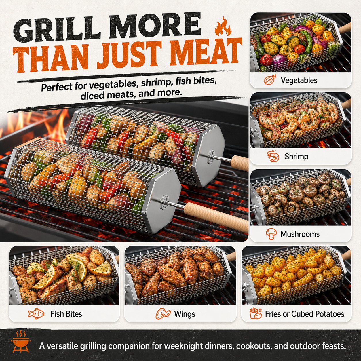 🍢 Rolling Grill Baskets (2-Pack) | No More Burnt Veggies—Grill Perfectly Every Time! 🔥