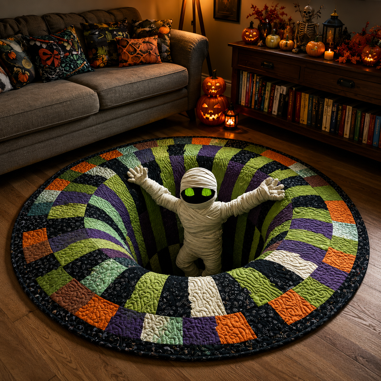 🔥Last Day Promotion🎃3D Skeleton Vortex Quilted Round Halloween Rug
