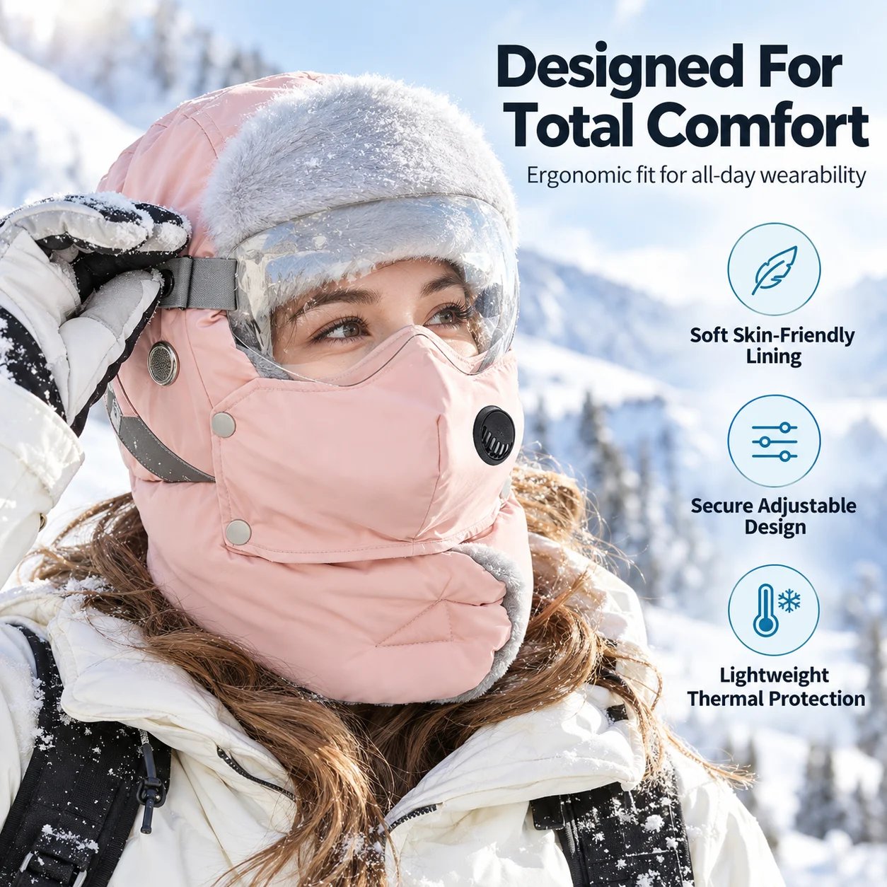 Contoured 5-in-1 ushanka design with extended ear and face coverage