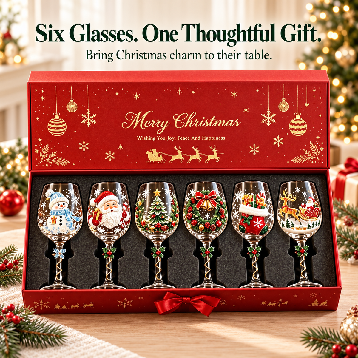 🎄✨ Christmas Clearance Sale! 🎅🥂 Christmas Wine Glass Gift Set of 6 – Beautiful Raised Designs for Holiday Toasts & Gifting