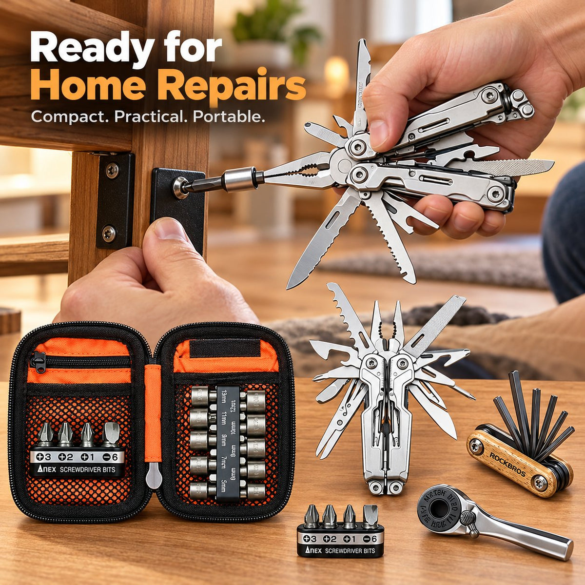 Portable EDC Repair Tool Kit, Multi-functional Hand Tool Set with Socket Wrench, Screwdriver Bits, Hex Keys & Multitool, Compact Zipper Storage Pouch