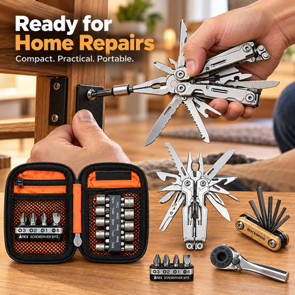 Portable EDC Repair Tool Kit, Multi-functional Hand Tool Set with Socket Wrench, Screwdriver Bits, Hex Keys & Multitool, Compact Zipper Storage Pouch