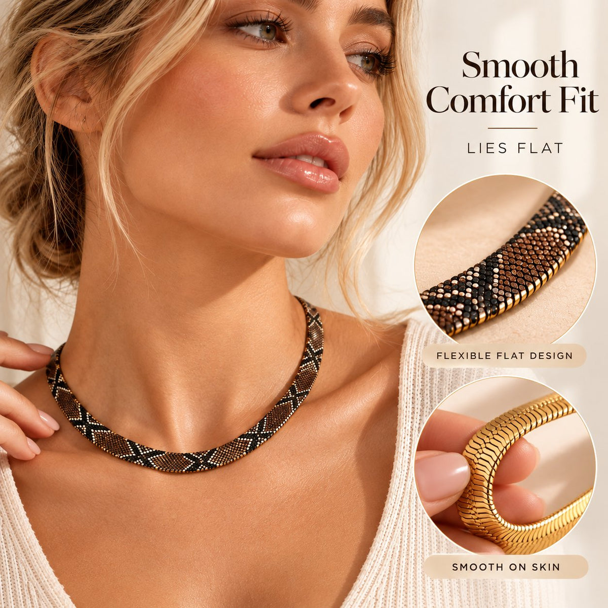🐍 Reversible Snake Scale Engraved Gold Iron Herringbone Chain Necklace
