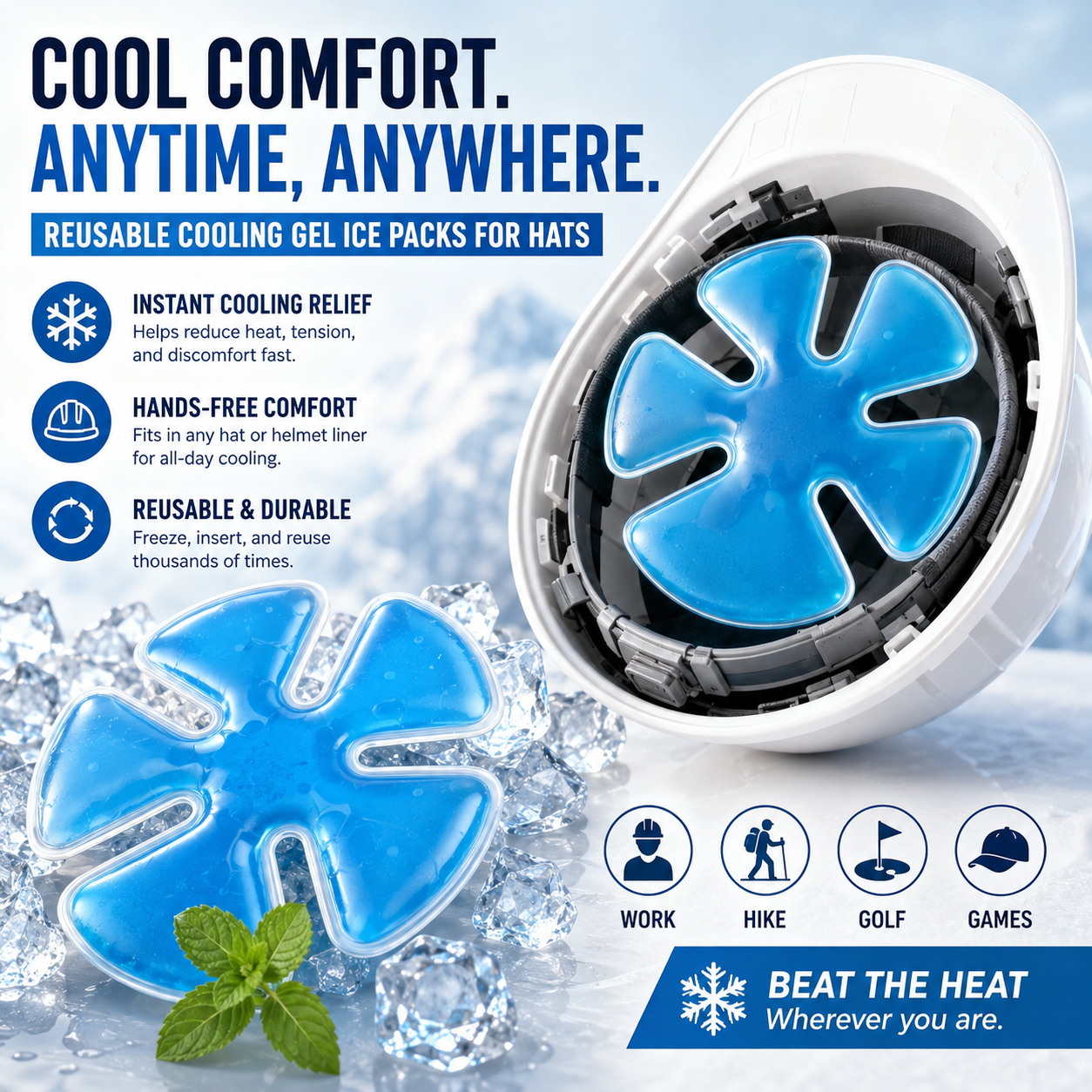 ❄️2PCS  Cooling Hat Insert – Reusable Gel Ice Pack for Helmets & Caps