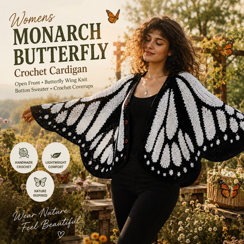 🦋Butterfly Wing Crochet Cardigan – Boho Open Front Knit Sweater