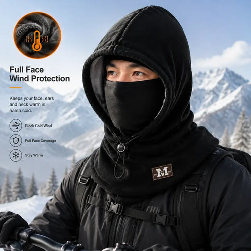 Unisex Cold Weather Fleece Balaclava Hat - Thick Fleece Linings, Windproof Full Face Cover with Hood & Neck Gaiter