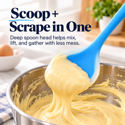 🍳✨ 2-in-1 Silicone Scraper Spoon 🥄💙 Flexible Edge for Easy Scooping, Mixing & Scraping 🧁🍯 Non-Scratch Kitchen Spatula 🍲🌈 5 Colors Available