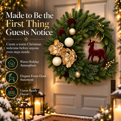 🎄 Luxury Burgundy Reindeer Christmas Wreath – Elegant Champagne Gold Front Door Holiday Decor 🦌✨