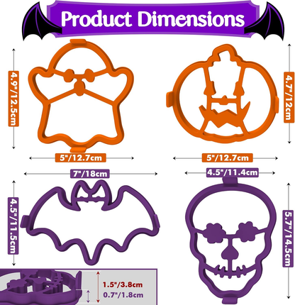 🎃 4-Piece Halloween Pancake Mold Set – Ghost, Bat, Pumpkin & Skull Silicone Breakfast Shapers