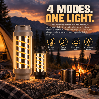 4-in-1 Camping Lantern & LED Flashlight – 4 Light Modes, IPX4 Waterproof, USB Rechargeable, Pocket-Size Spiral Design