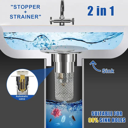 🚰✨ DrainGuard – 2-in-1 Pop-Up Sink Stopper & Stainless Steel Hair Catcher