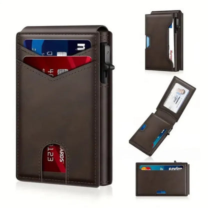 ⚡70K+ SOLD!-Wallet for Men - with Pop Up Aluminum Case Slim Leather Slots Credit Card Holder RFID Blocking Bifold Minimalist Wallet