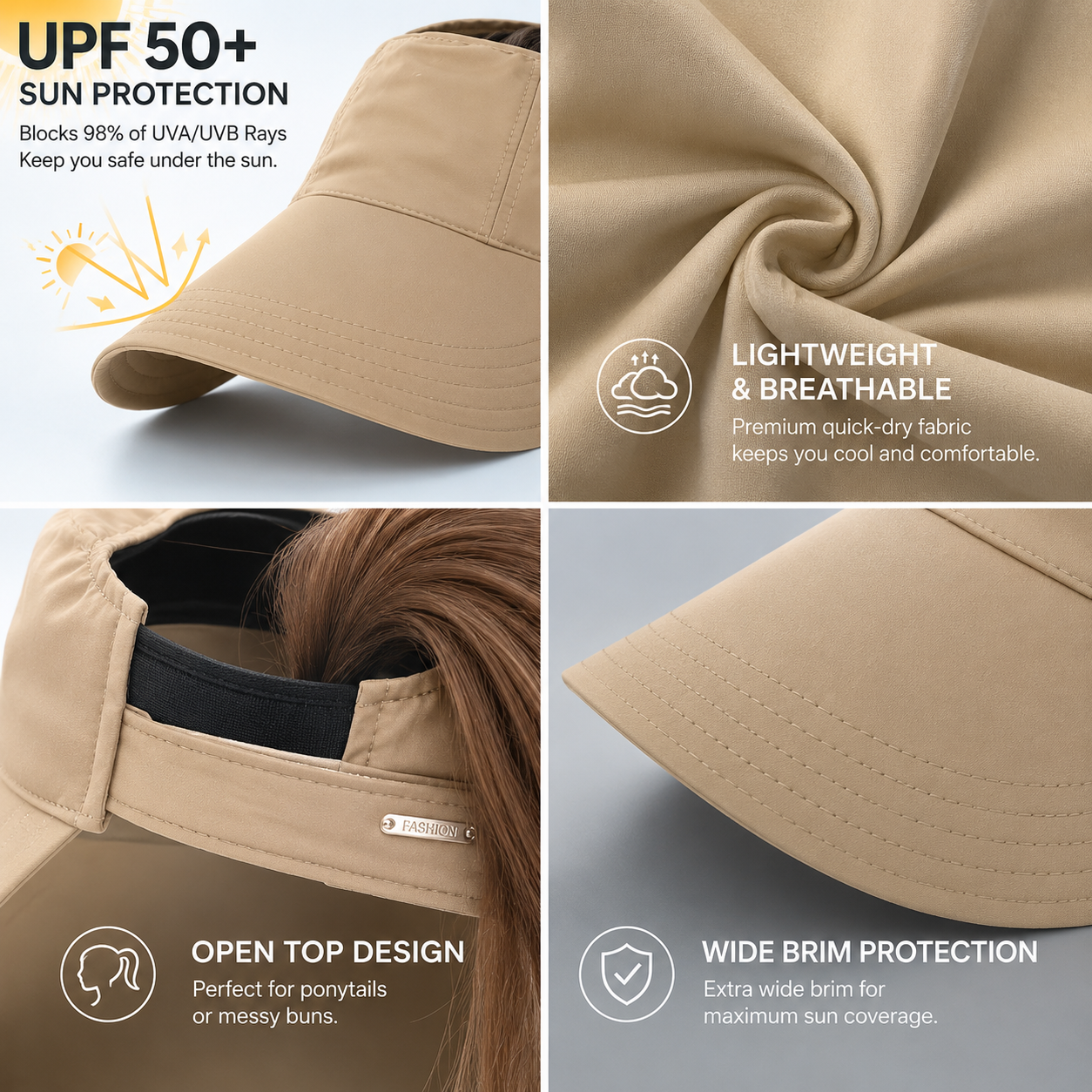 UPF 50+ Wide Brim Sun Visor Hat – Open Top UV Protection for Beach & Golf