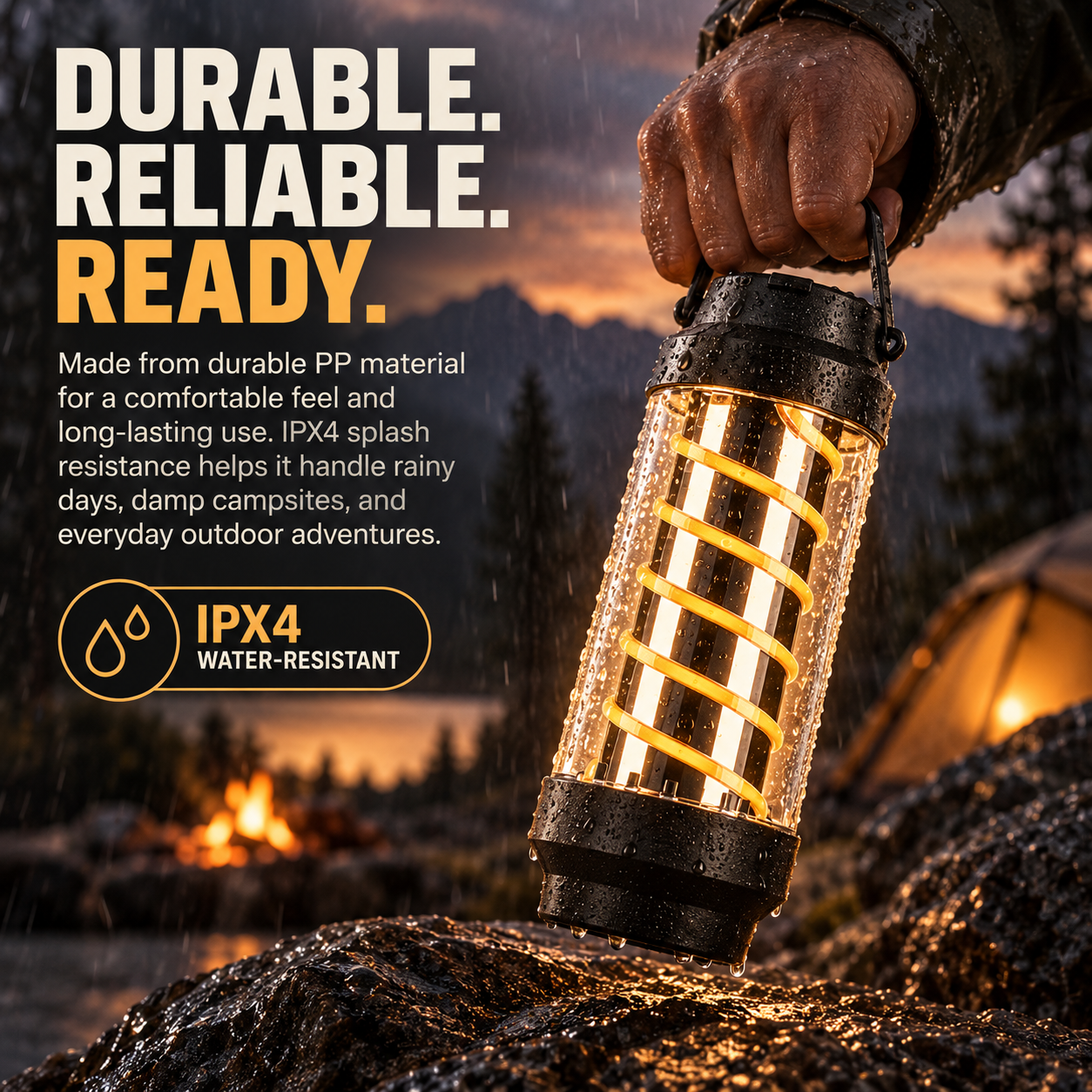 4-in-1 Camping Lantern & LED Flashlight – 4 Light Modes, IPX4 Waterproof, USB Rechargeable, Pocket-Size Spiral Design