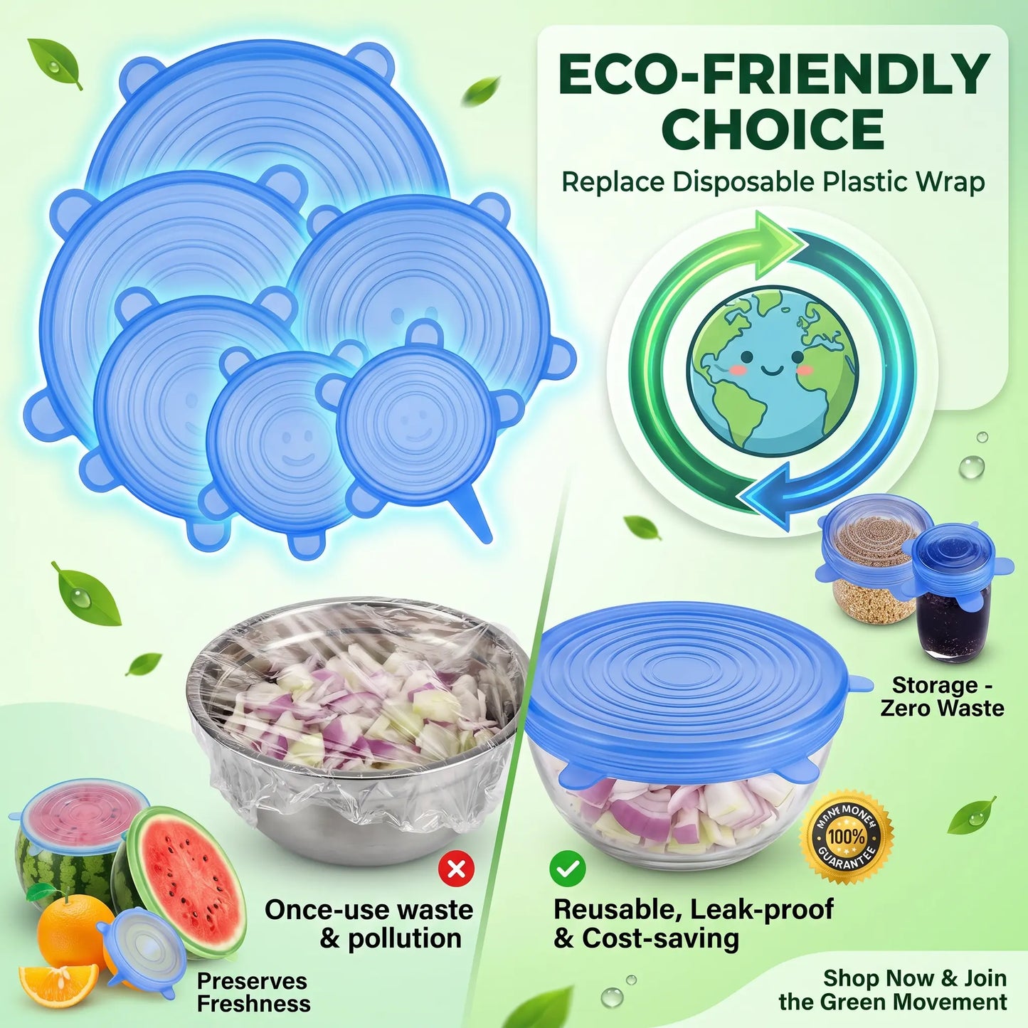 Universal Reusable Silicone Lids 6-Pack Self-Sealing Food Covers