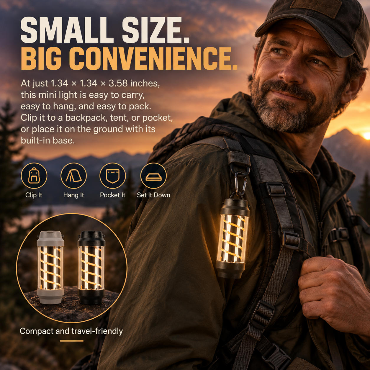 4-in-1 Camping Lantern & LED Flashlight – 4 Light Modes, IPX4 Waterproof, USB Rechargeable, Pocket-Size Spiral Design