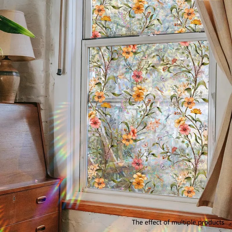 🔥Hot Sale 49% OFF –Floral Stained Glass Window Film 🌈 UV Blocking • Soft Privacy • Rainbow Light Effect
