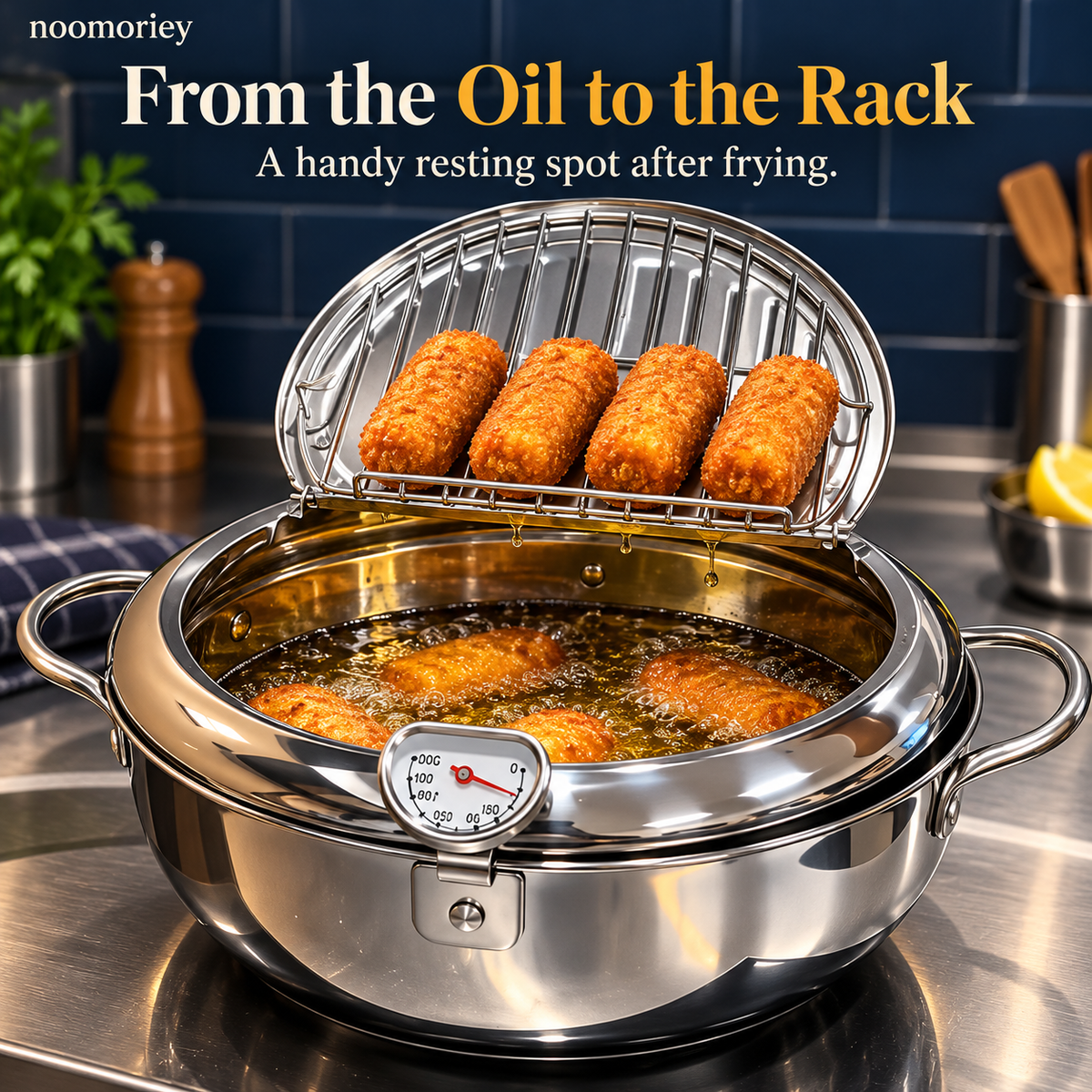 🍤 Deep Frying Pot with Thermometer & Lid Draining Rack – Dual-Handle Frying, Stir-Frying & Boiling Pot