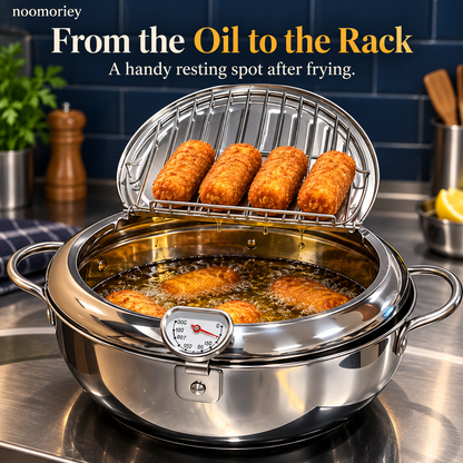 🍤 Deep Frying Pot with Thermometer & Lid Draining Rack – Dual-Handle Frying, Stir-Frying & Boiling Pot