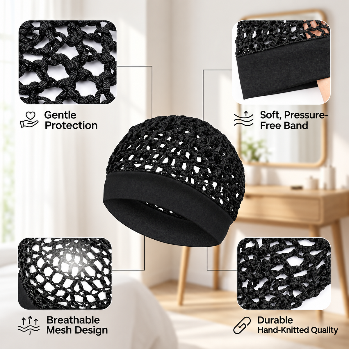 🔥Limited-Time 49% OFF🧶 Wide-Band Crochet Hair Net | 💨 Breathable Stretch Sleep & Beauty Hair Cap