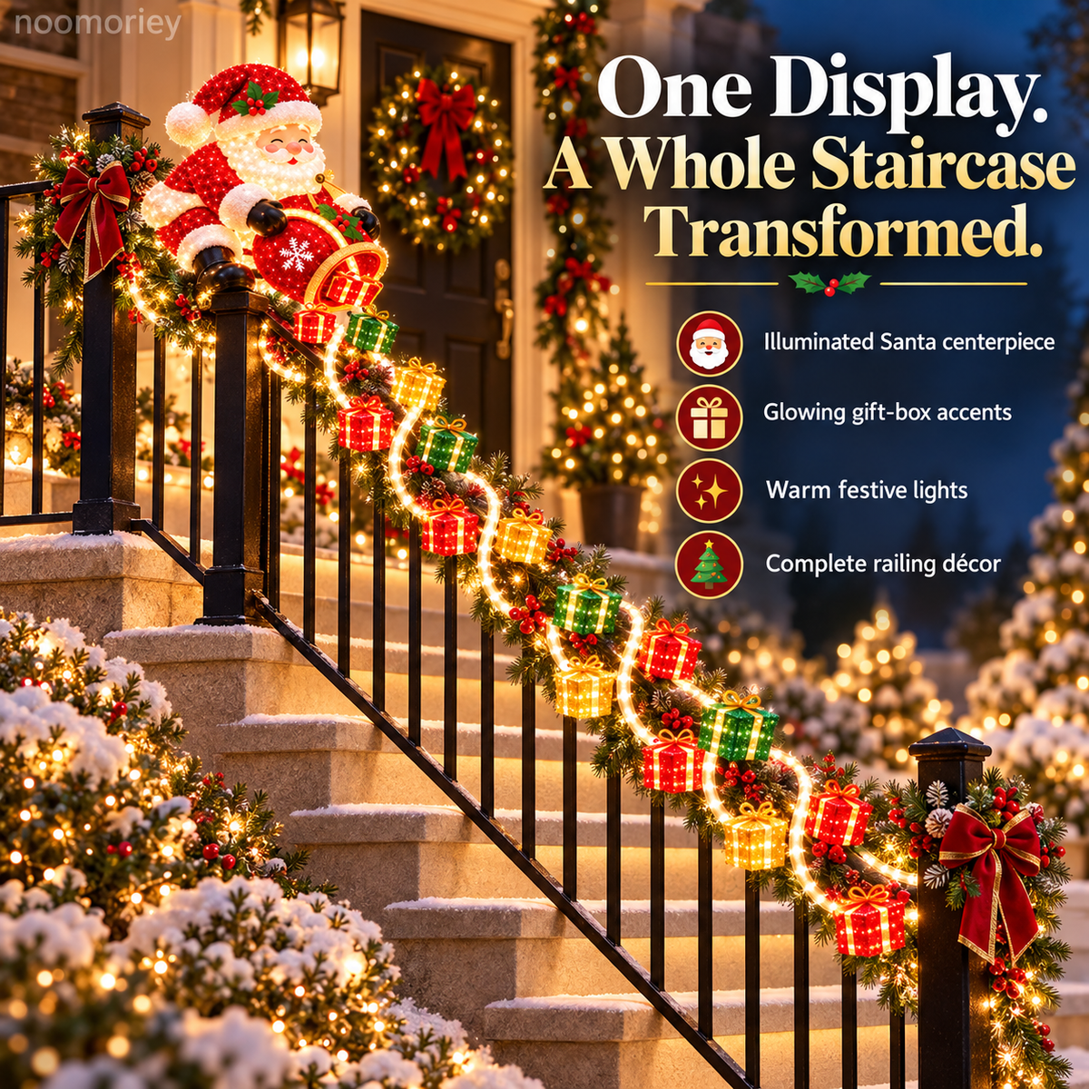 🎅 Illuminated Santa Staircase Railing Christmas Display with Glowing Gift Lights