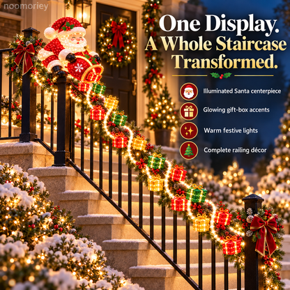 🎅 Illuminated Santa Staircase Railing Christmas Display with Glowing Gift Lights