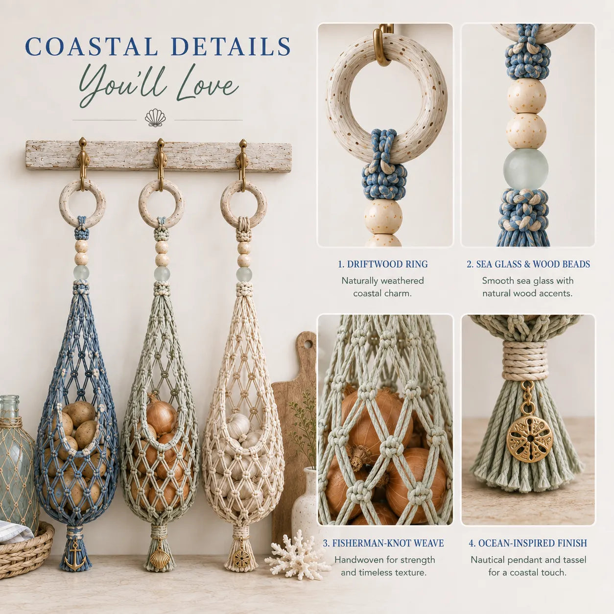 🌊 Coastal Hanging Produce Storage – Handwoven Breathable Organizer with Easy Side Access