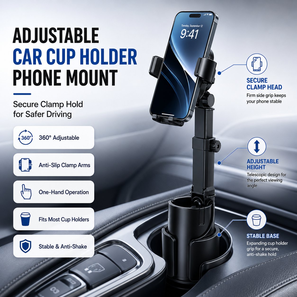 🚗📱 Car Cup Holder Phone Mount – 🔄 360° Adjustable, Strong N52 Magnet, One-Handed Operation, Fits All Phones, Stable Magnetic & Clamp Models for Safe Driving 🛡️🚘✨