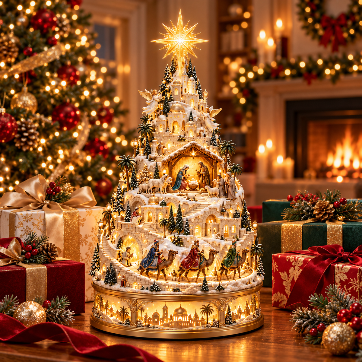 🌟 Illuminated Nativity Village Tree – Lighted Christian Christmas Centerpiece ✨