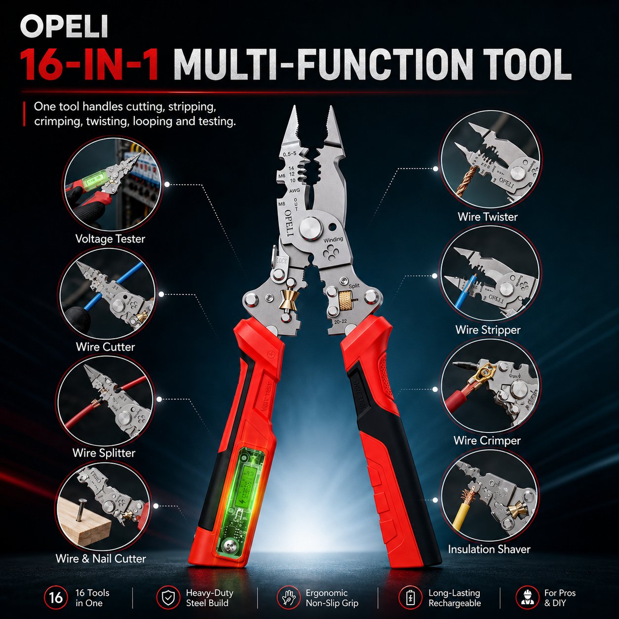 ⚡ 16-in-1 Electrical Pliers with Voltage Tester - Heavy-Duty Wire Stripper for Pros & DIYers!