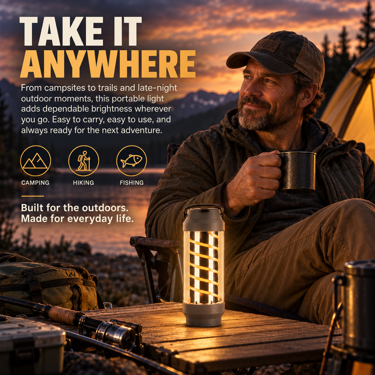 4-in-1 Camping Lantern & LED Flashlight – 4 Light Modes, IPX4 Waterproof, USB Rechargeable, Pocket-Size Spiral Design