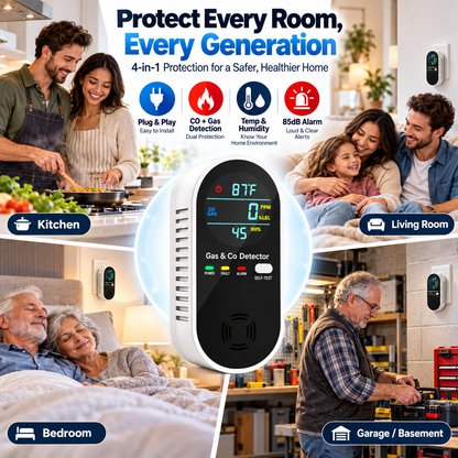 🛡️4 in 1 Gas & Carbon Monoxide Detector with Temperature and Humidity Display