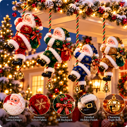 🎅🎄 Climbing Santa™ Christmas Rope Ornament – 4 Festive Colors | Adorable Santa with Gift Sack & Golden Jingle Bell | Holiday Porch & Home Decor ✨