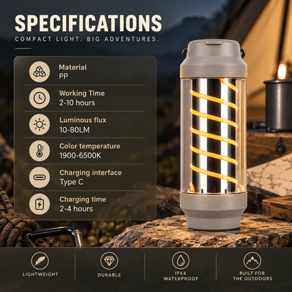 4-in-1 Camping Lantern & LED Flashlight – 4 Light Modes, IPX4 Waterproof, USB Rechargeable, Pocket-Size Spiral Design