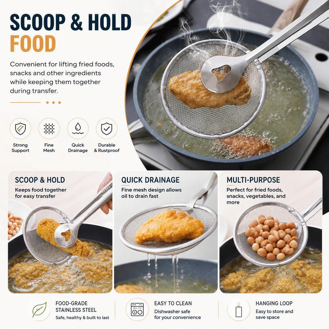 🍟 Stainless Steel Oil Strainer – Easy Deep-Frying Food Filter for Crispy Cooking