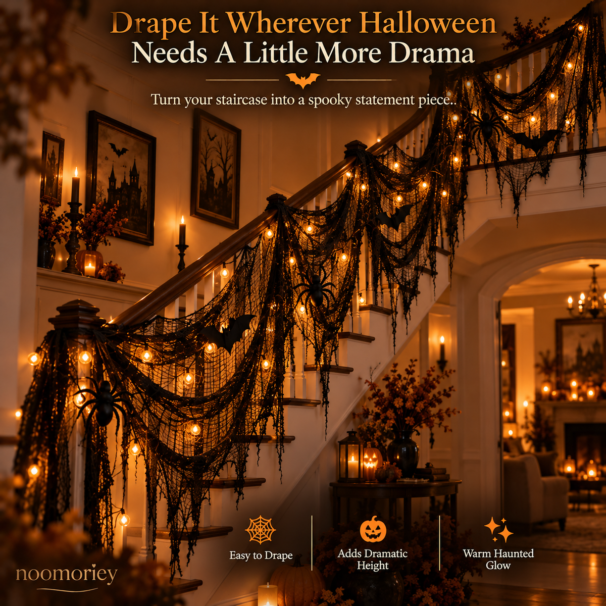 🎃 Halloween Creepy Cloth – Black Gauze Spiderweb Draping for Doorways, Stairs & Party Décor