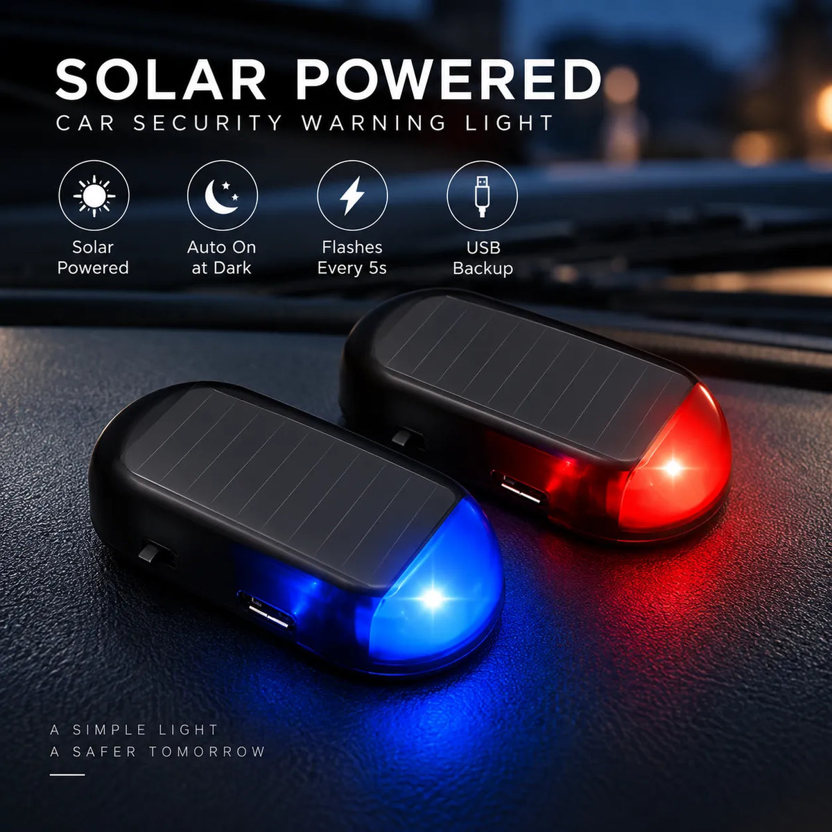 🚗 Solar Car Security Warning Light – Auto-Sensing 5-Second Flash LED with USB Backup Charging