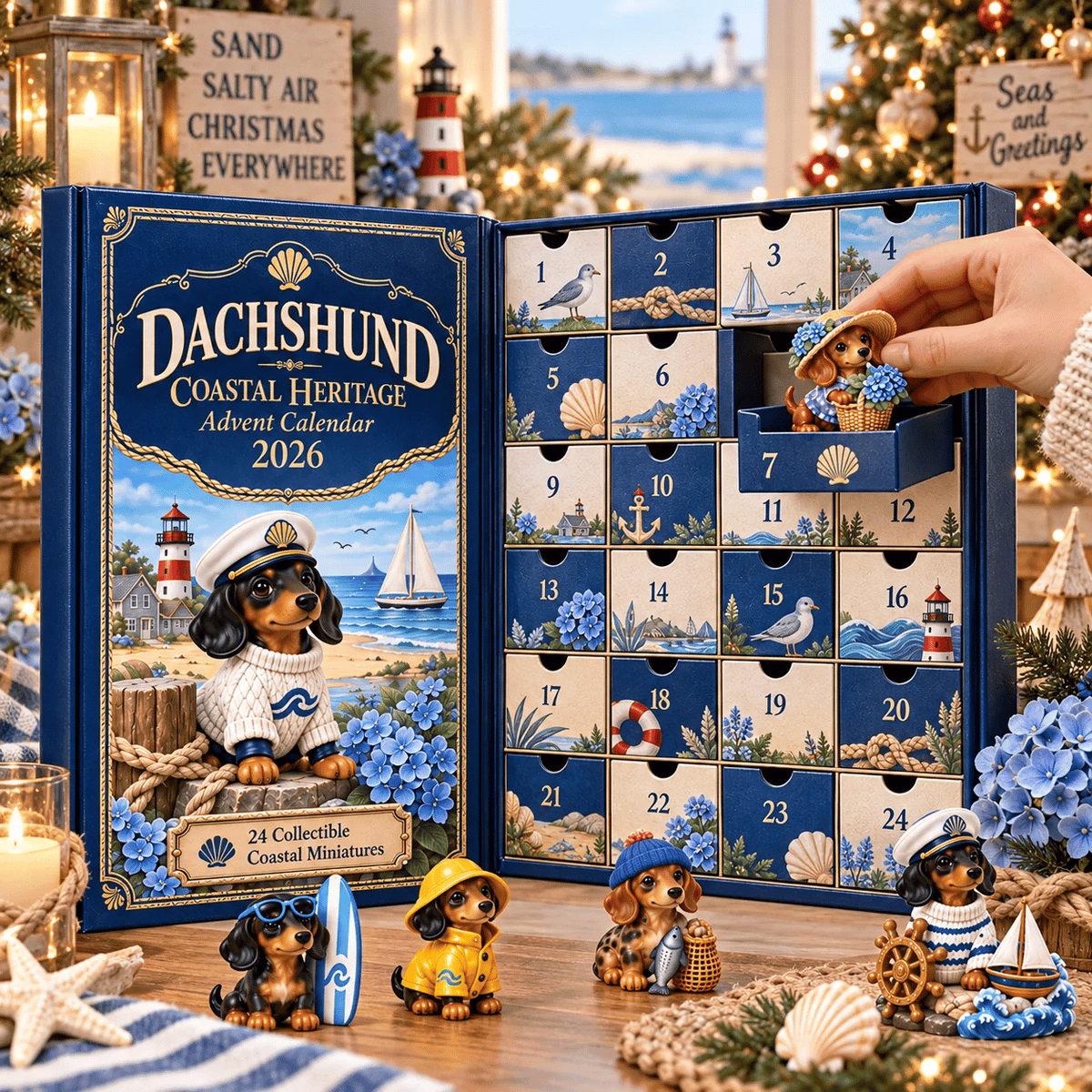🐶 24 Days of Dachshund Coastal Christmas – Hand-Painted Miniature Dog Advent Calendar 🎄