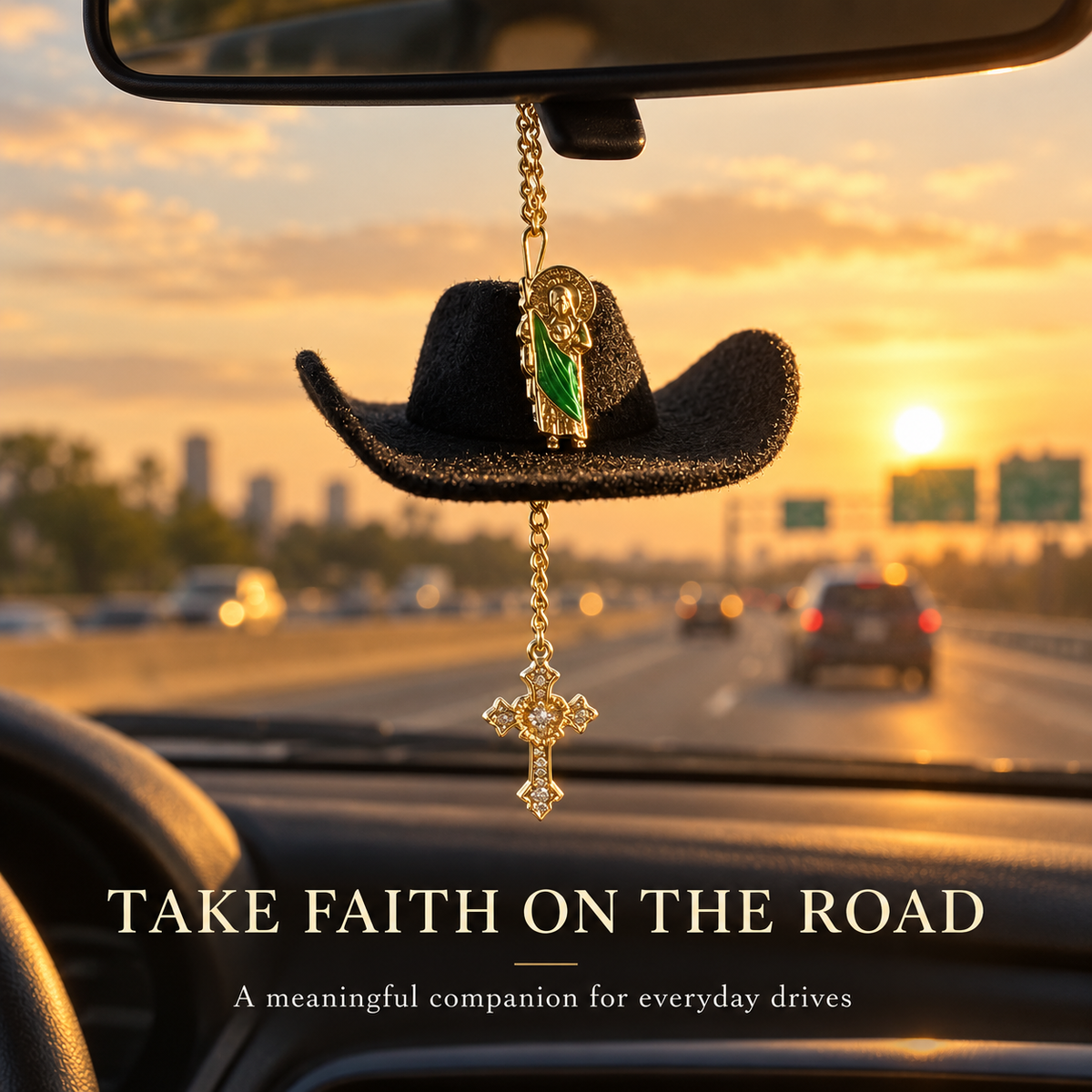 St. Jude Car Blessing Charm – Handmade Protection Ornament with Black Sombrero | Car Trinket & Decoration Gift