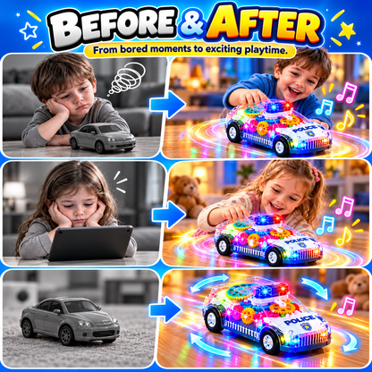 🚓 Transparent Gear Police Toy Car – Spinning Gears, LED Lights & Music