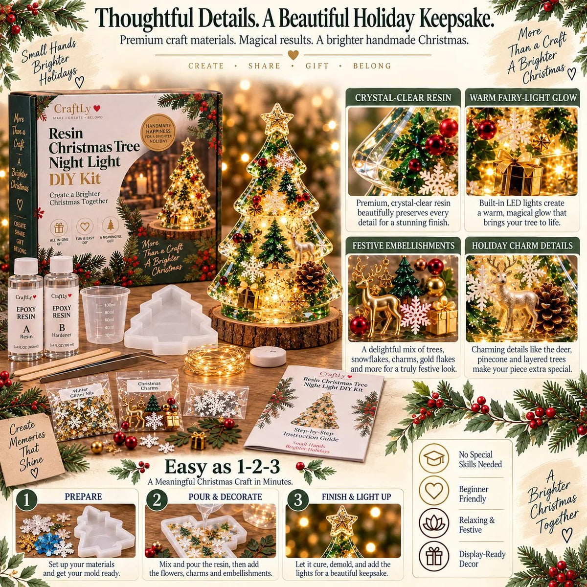 🔥HOT SALE🔥🎄Beginner-Friendly Resin Christmas Tree Night Light DIY Kit | Complete Kit with Mold, Resin, Fairy Lights & Festive Decorations ✨