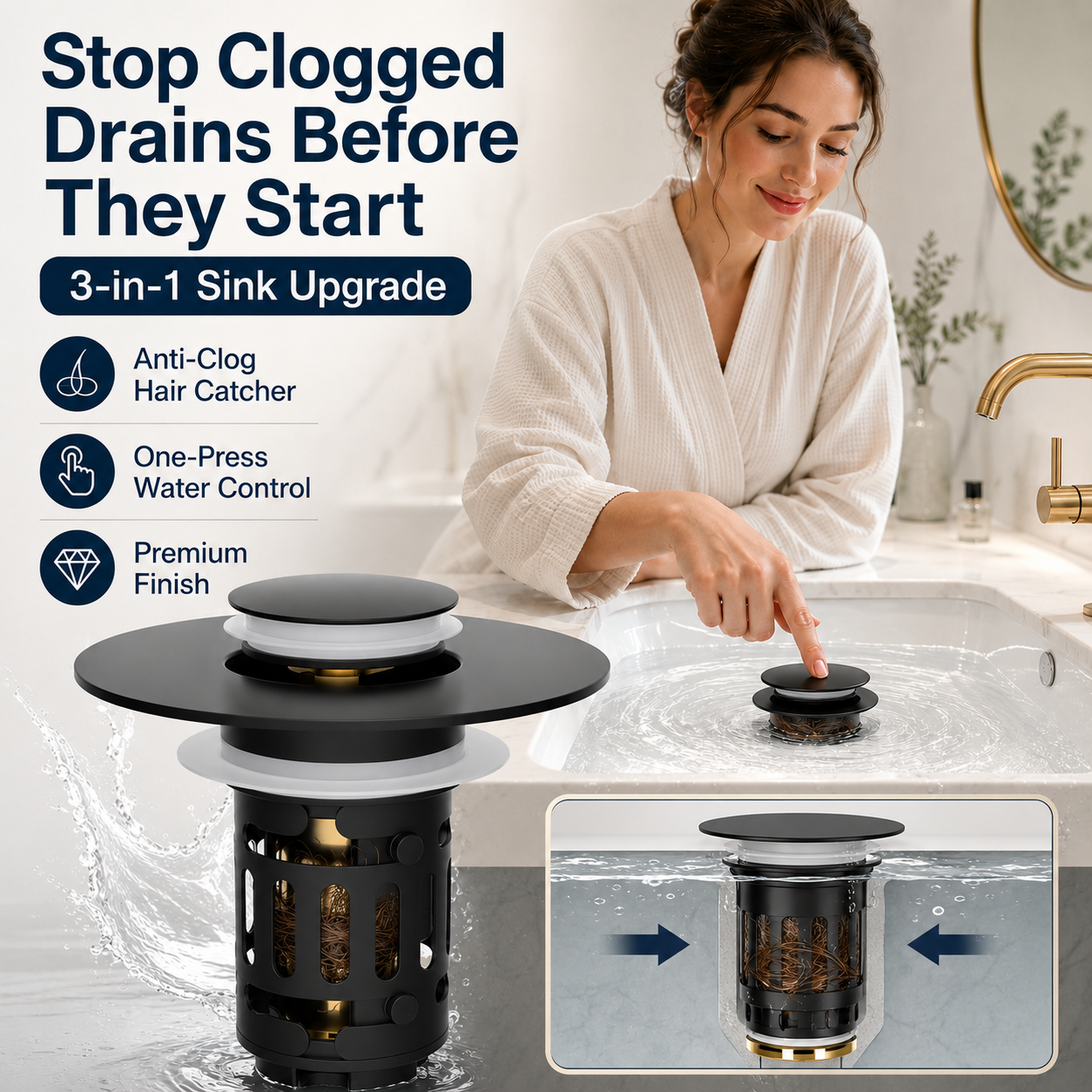 🛁3-in-1 Bathroom Sink Drain Strainer with Hair Catcher & Pop-Up Stopper